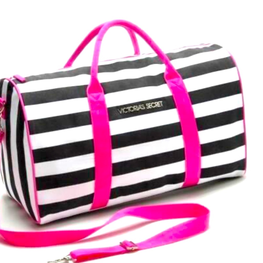 Victoria's Secret Pink White Black Stripes Tote Duffle Bag Overnight Weekender